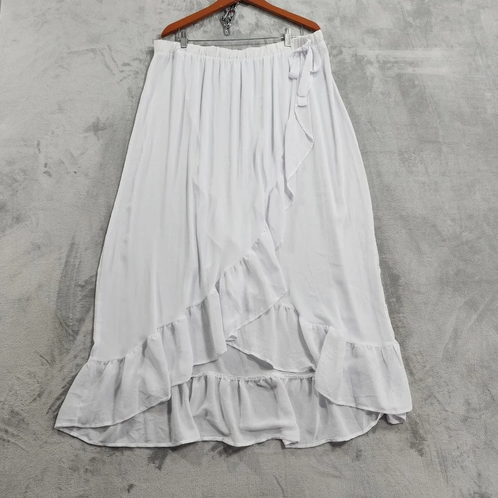 Time And Tru Skirt Womens 1X White Pull On Wrap Ruffle Tie Chiffon Lightweight